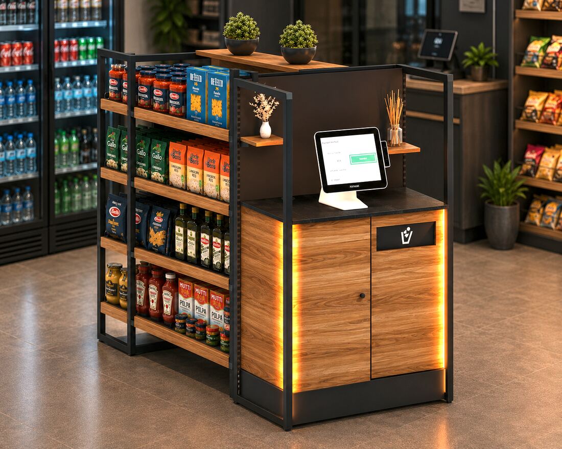 Kassen-Modul Gondelkopf mit SB-Kassenterminal und angebautem Warenregal, aufgebaut im Markt