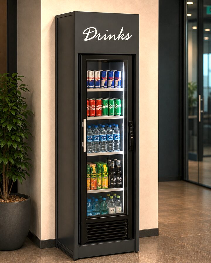 Regalumbau für Kühlelement — verkleideter Getränkekühlschrank mit Drinks-Beschriftung im Objekt